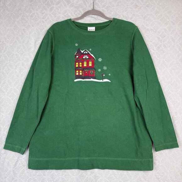 Vtg Waffle Knit Holiday Long Sleeve Women L Green Christmas Thermal Granny House - Picture 1 of 10